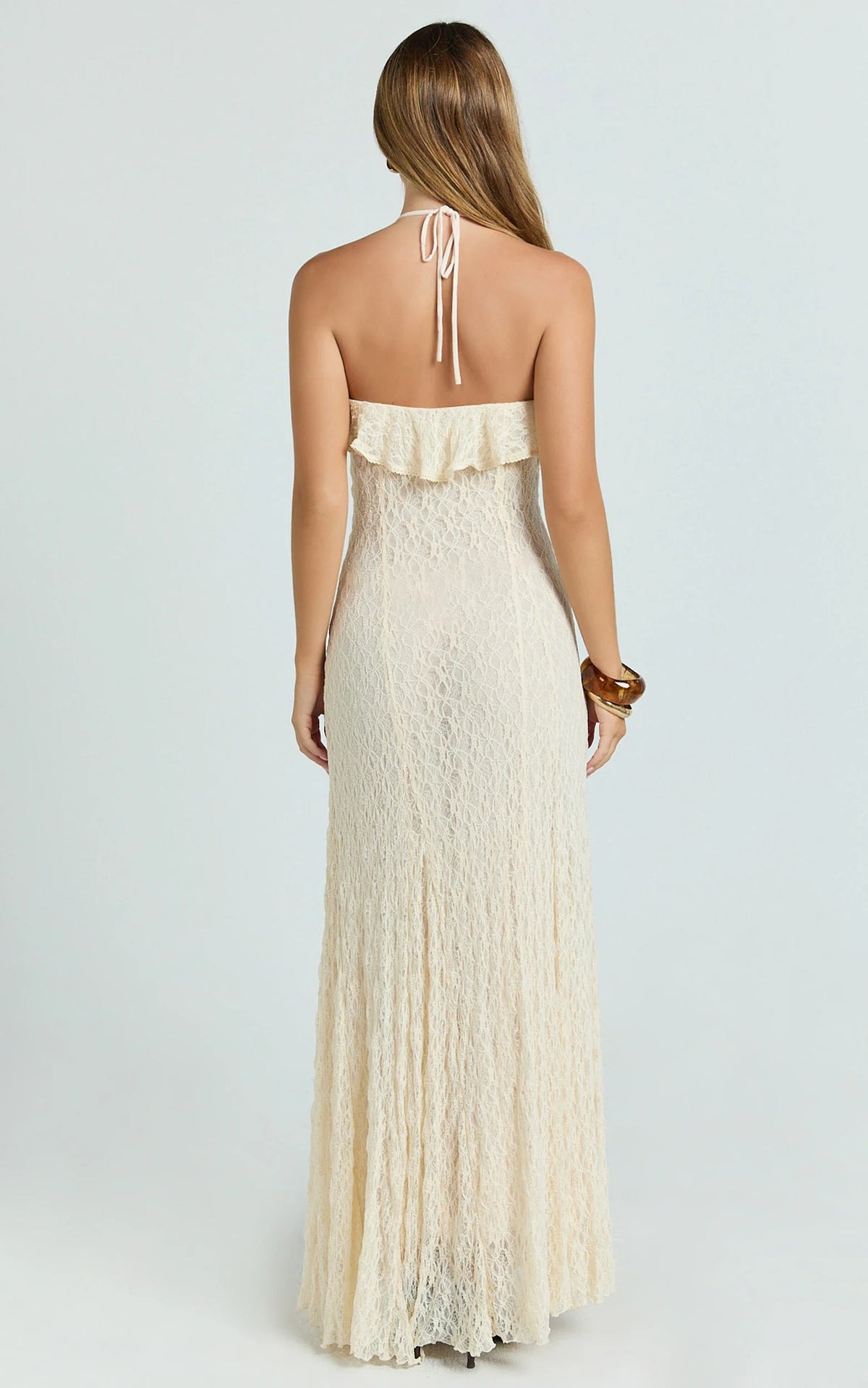 Rhea Maxi Dress - Lace Ruffle Halter A Line Godet Dress in Cream