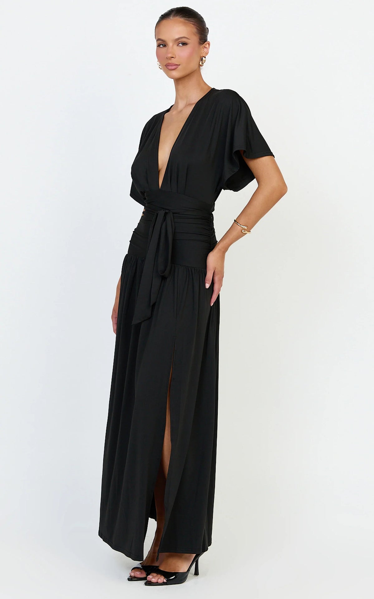Liana Maxi Dress - Wide Sleeve Tie Waist Maxi Dress in Black