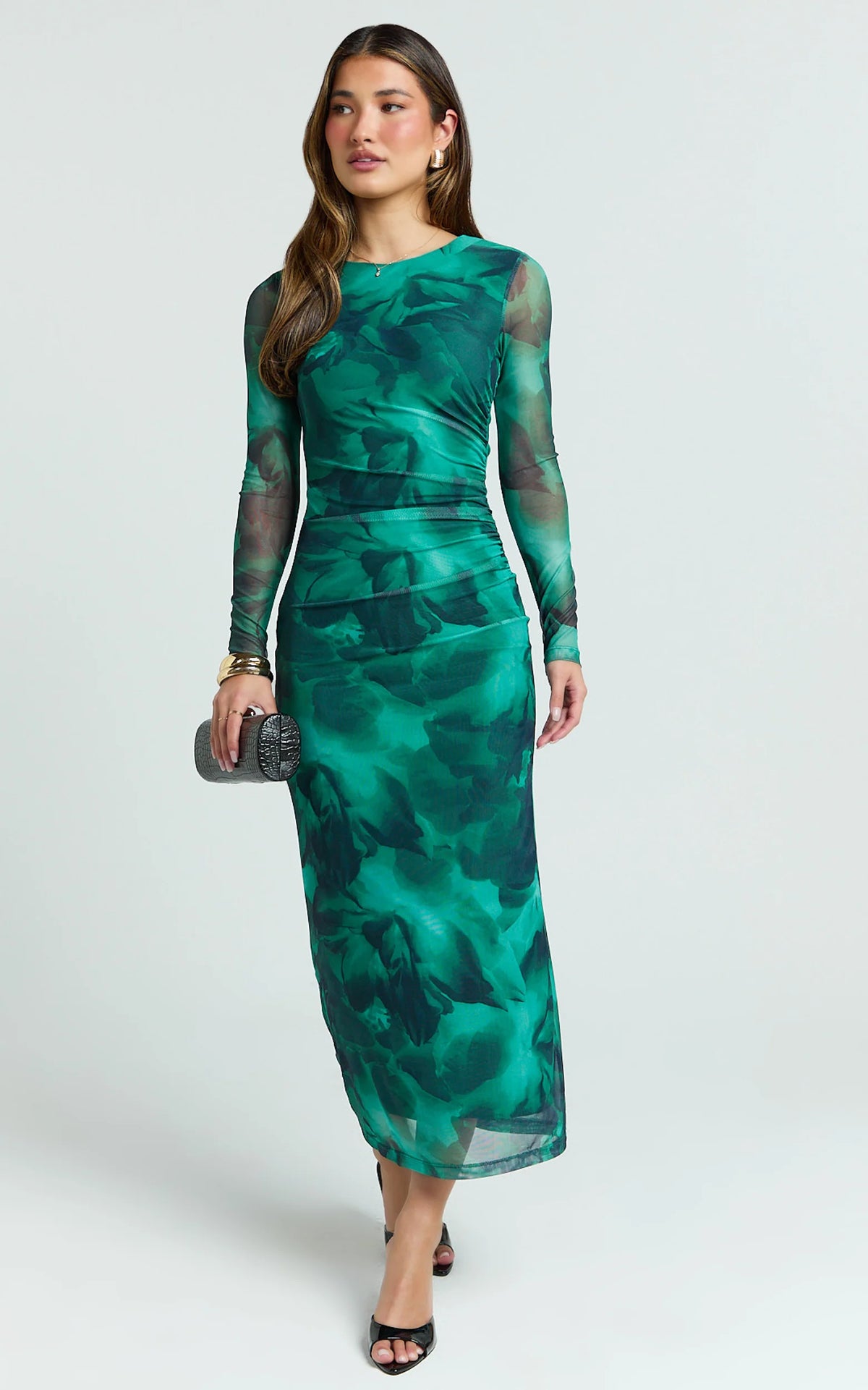 Zyra Midi Dress - High Neck Long Sleeve Mesh Dress in Green Blurred Print