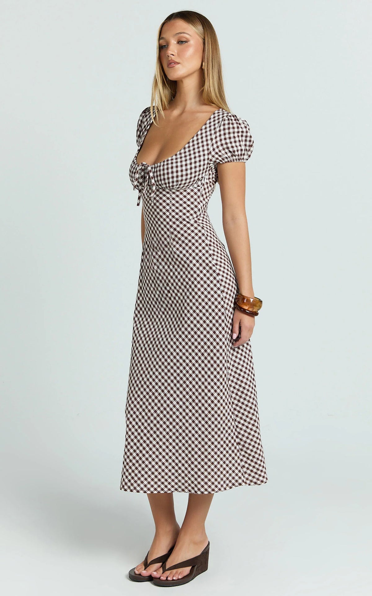 Bernice Midi Dress - Gingham Scoop Neck A Line Dress in Chocolate Gingham