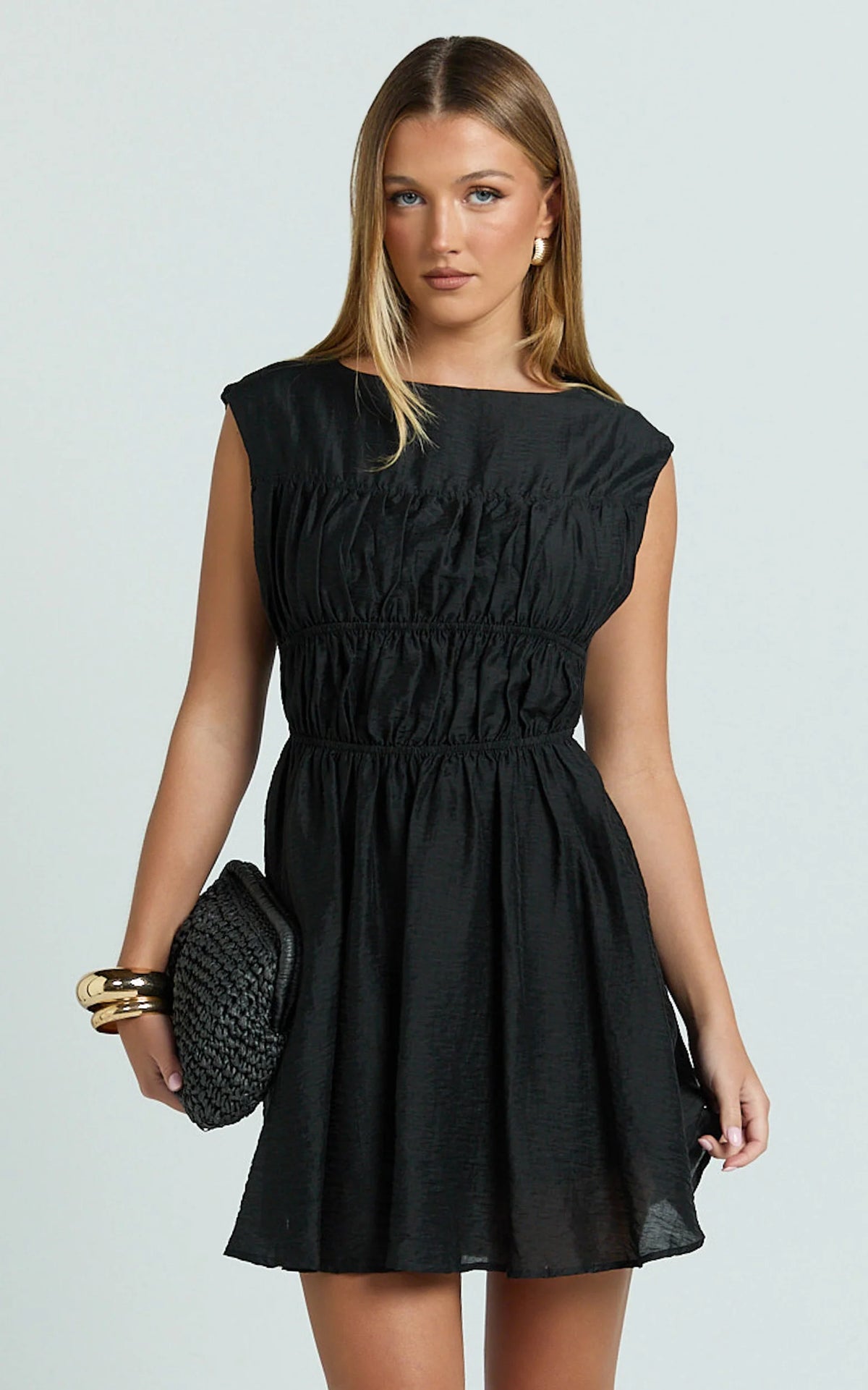 Faith Mini Dress - Sleeveless Ruched Bodice Dress in Black