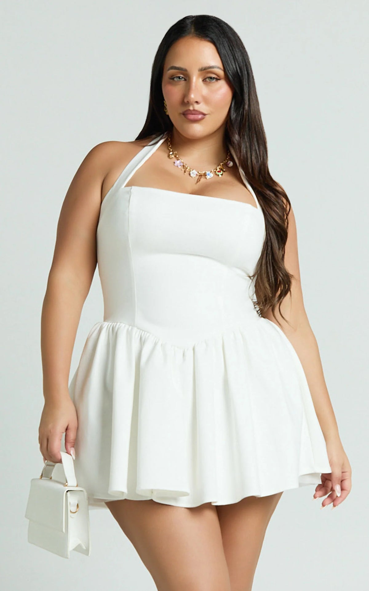 Helda Mini Dress - Halter Tie Neck Corset Panel Dress in White