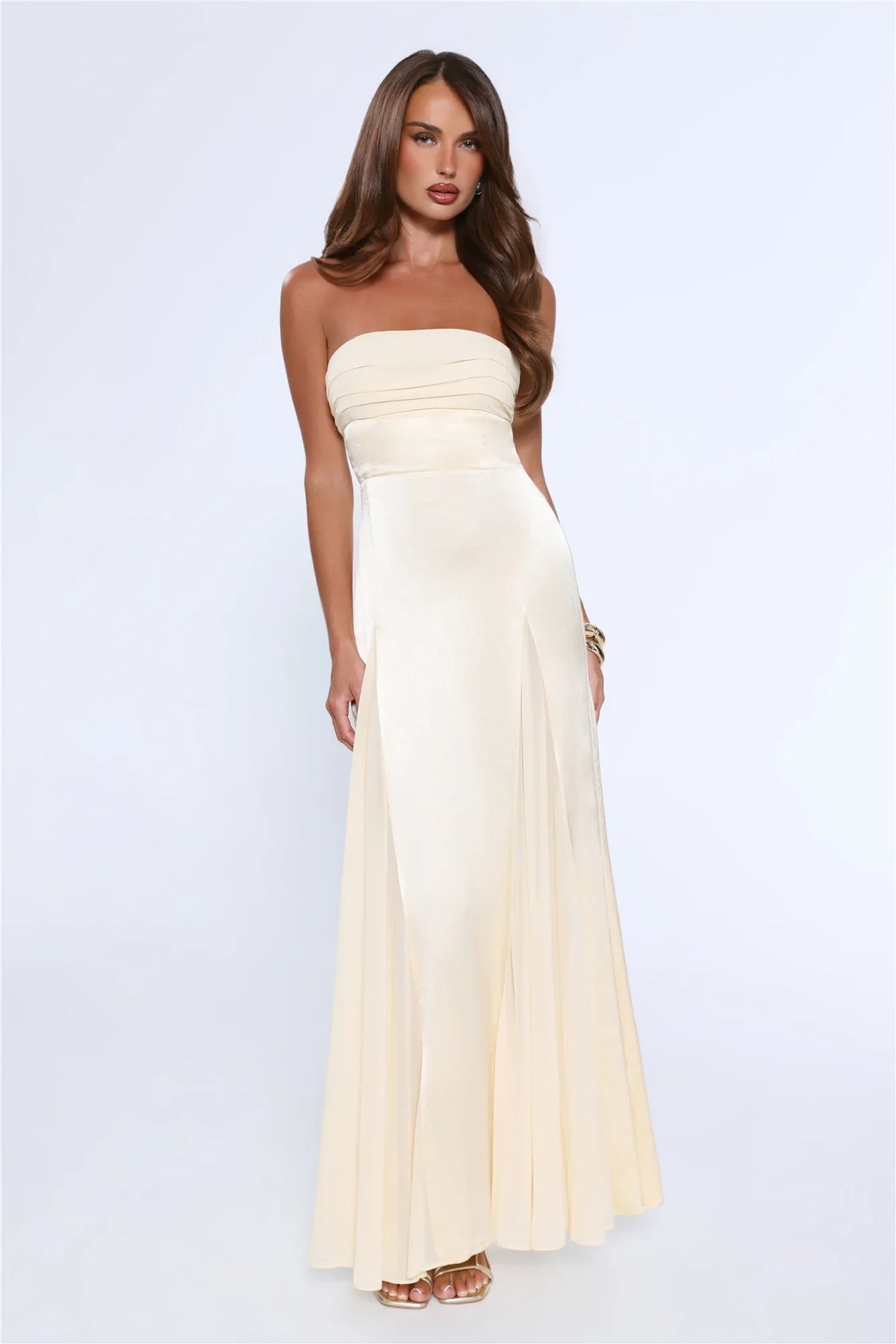 Statement Shine Strapless Satin Maxi Dress Yellow