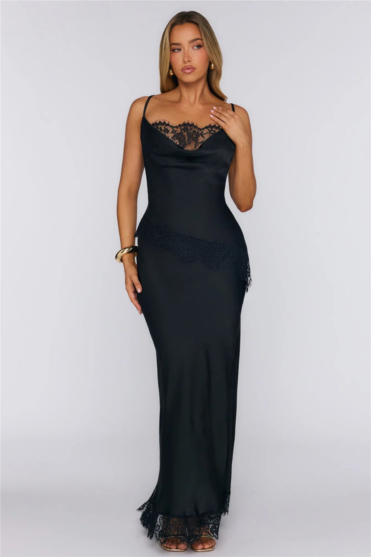 Charm Society Satin Lace Maxi Dress Black