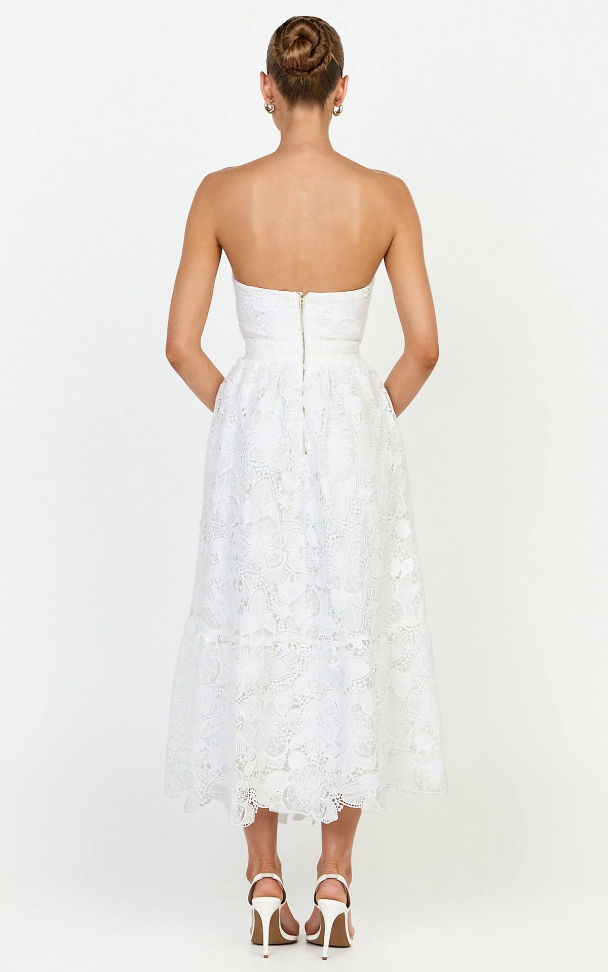 Gabriela Midi Dress - Strapless Lace Dress in White