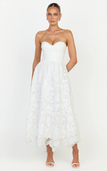 Gabriela Midi Dress - Strapless Lace Dress in White