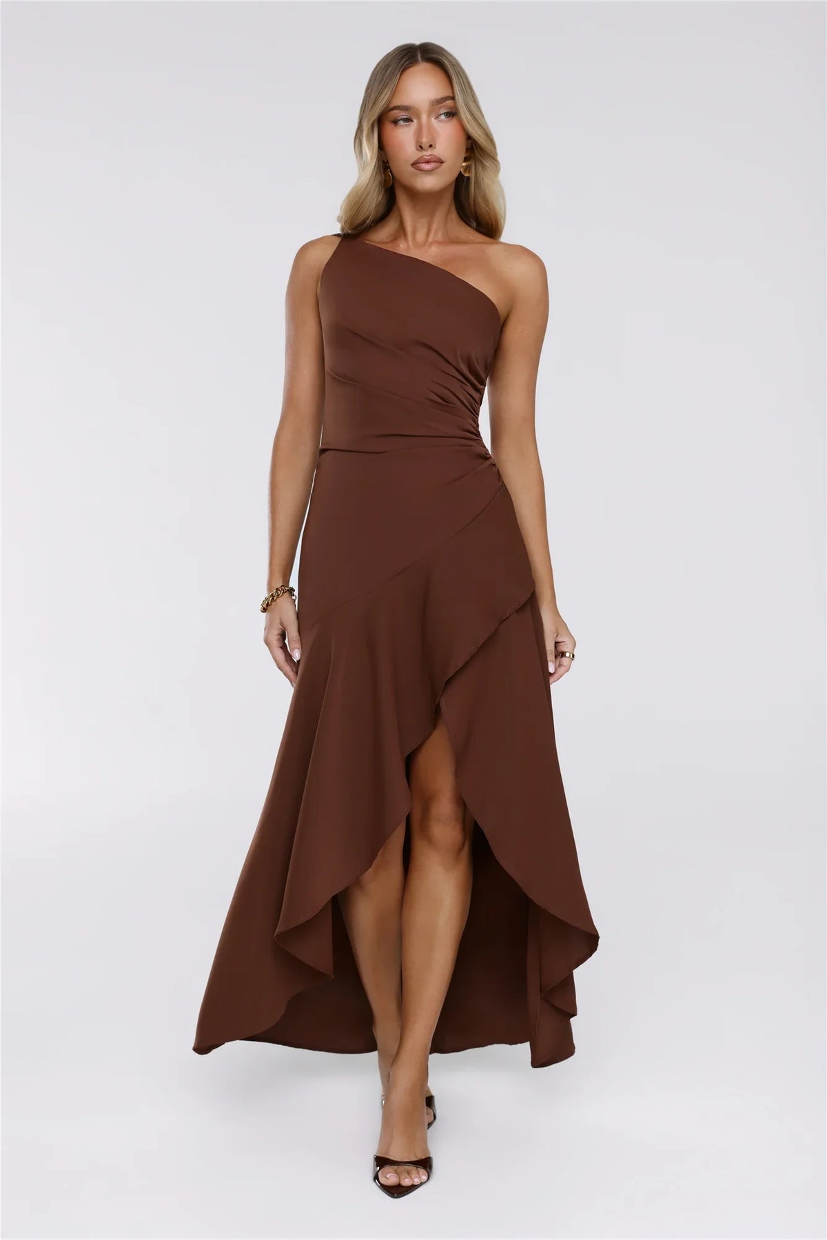 Rule Breaker One Shoulder Midi Dress Brown