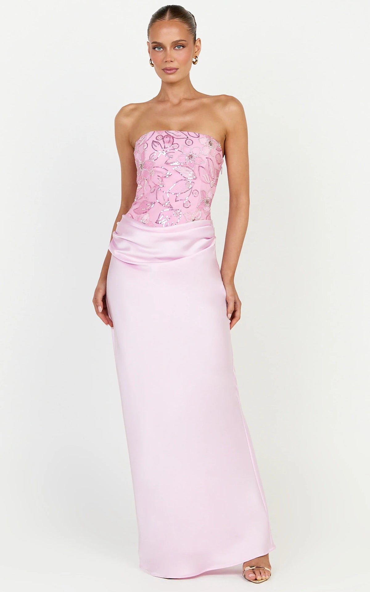 Amie Maxi Dress - Strapless Sequin Bodice Dress With Draped Satin Skirt in Pink