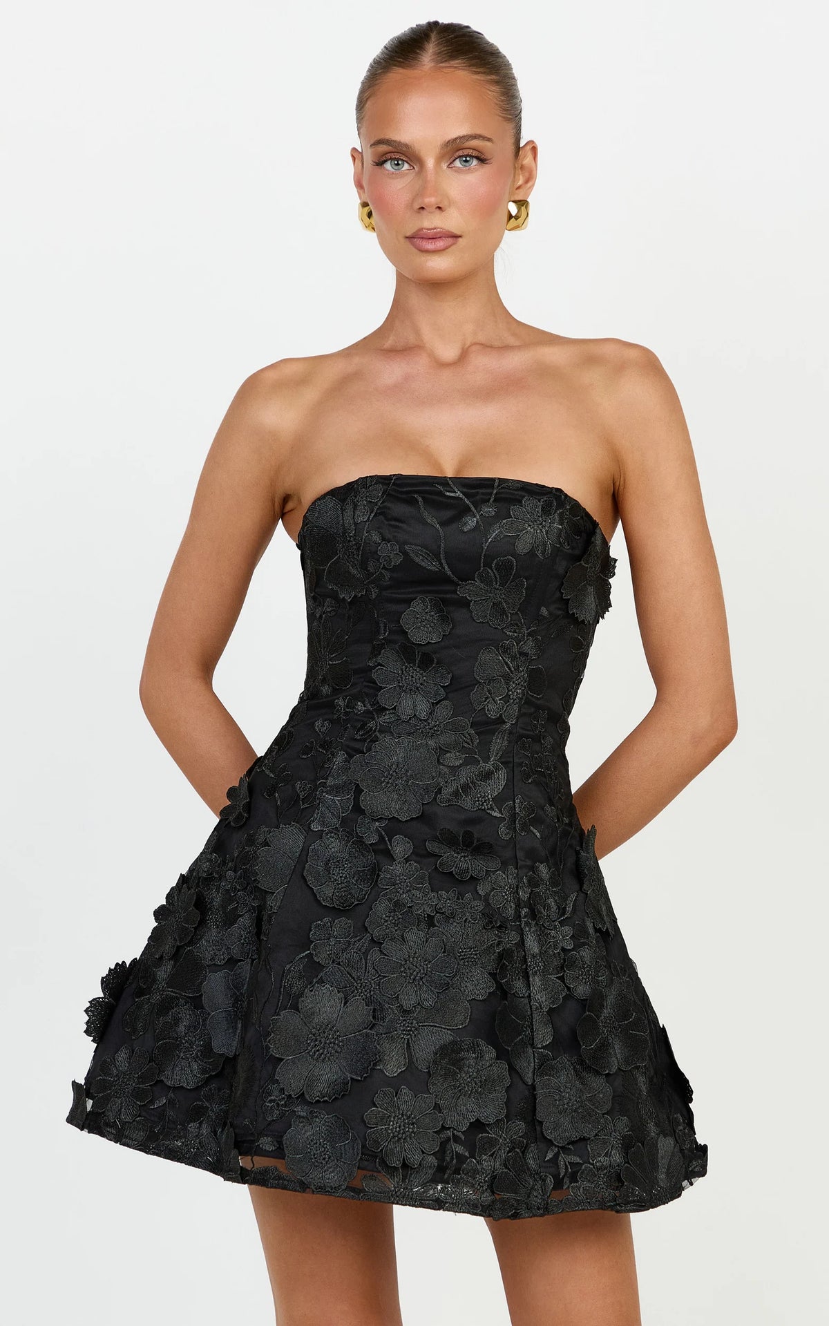 Cosima Mini Dress - Strapless 3D Floral Fit And Flare Dress in Black