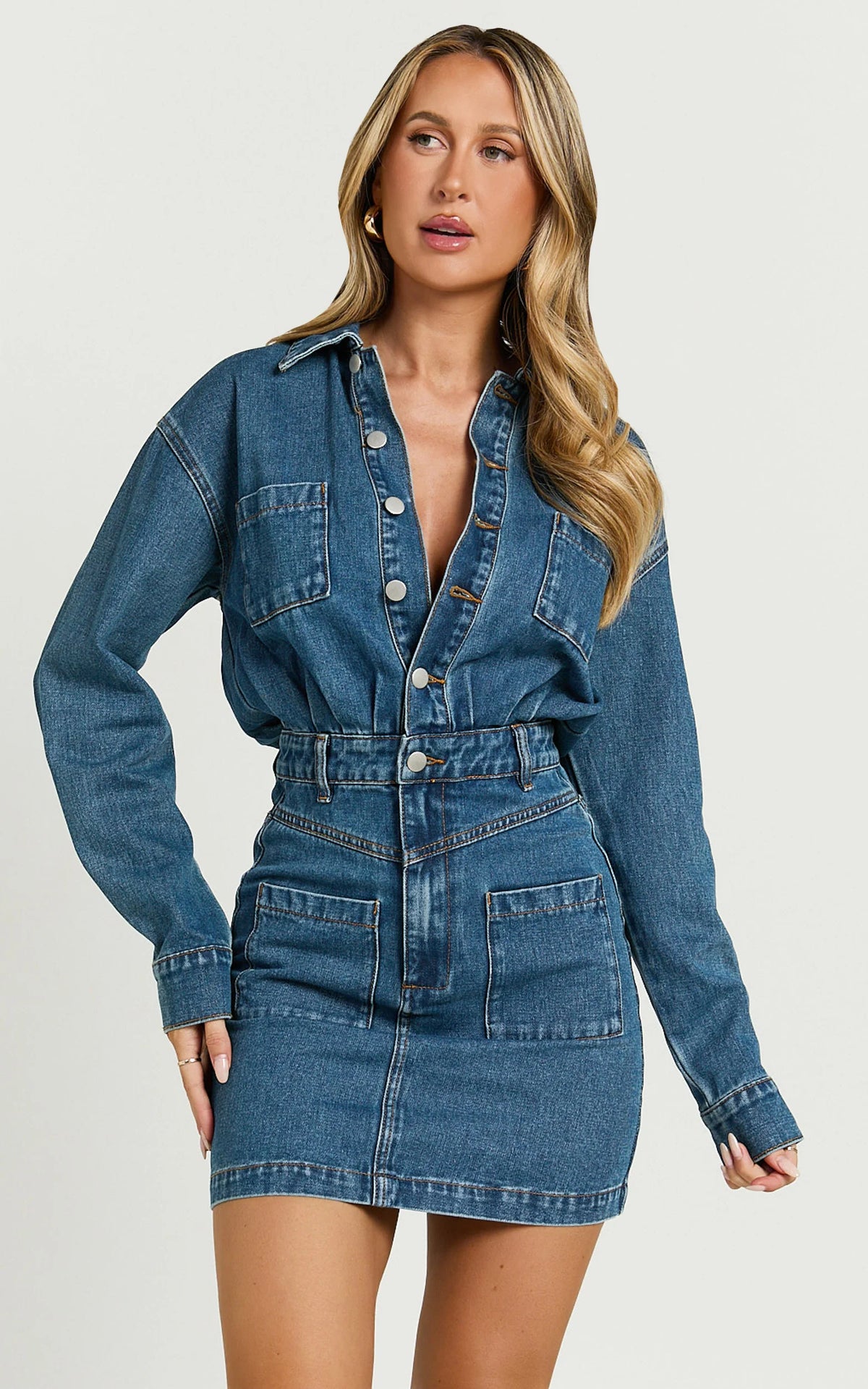 Kamala Mini Dress - Long Sleeve Button Through Denim Dress in Dark Blue Wash