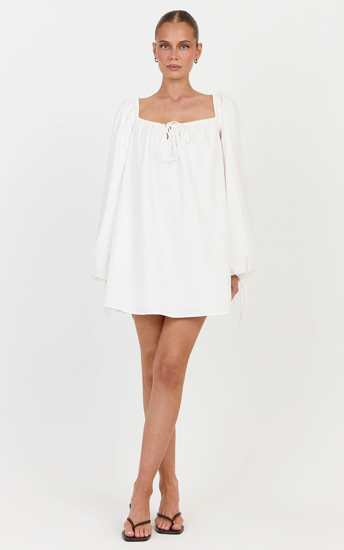 Brixton Mini Dress - Square Neck Smock Dress in White