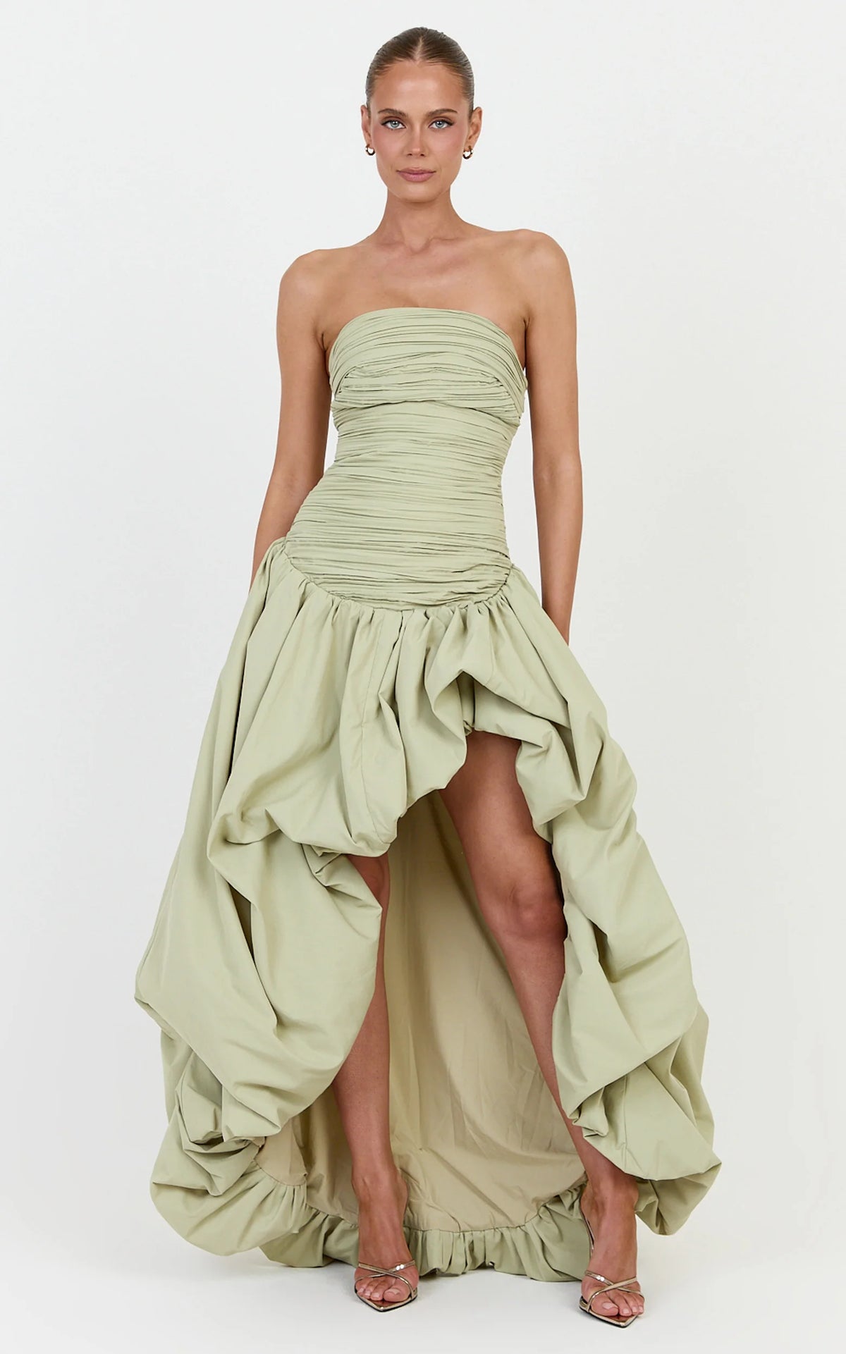 Esme Maxi Dress - Strapless Gathered Bodice Asymmetric Bubble Hem Dropped Waist Dress in Pistachio