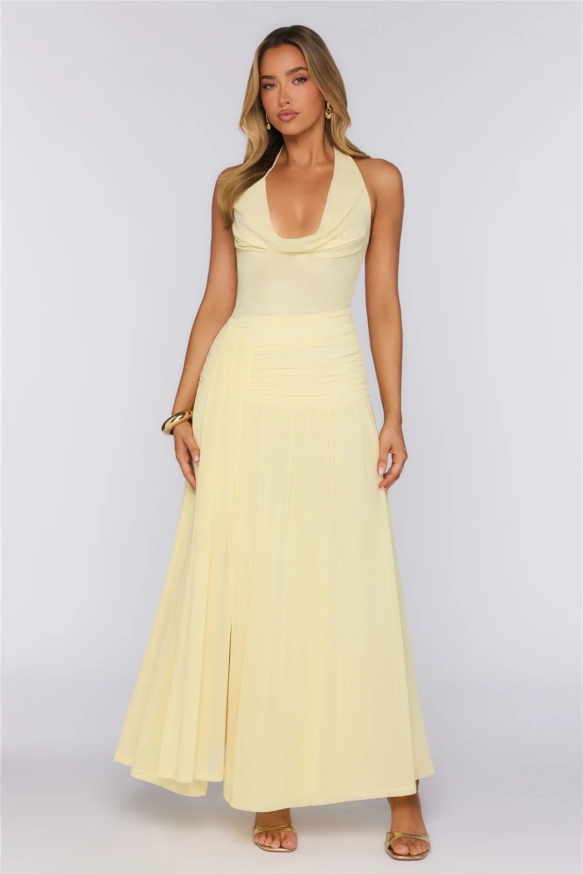 Say Less Energy Halter Mesh Maxi Dress Yellow