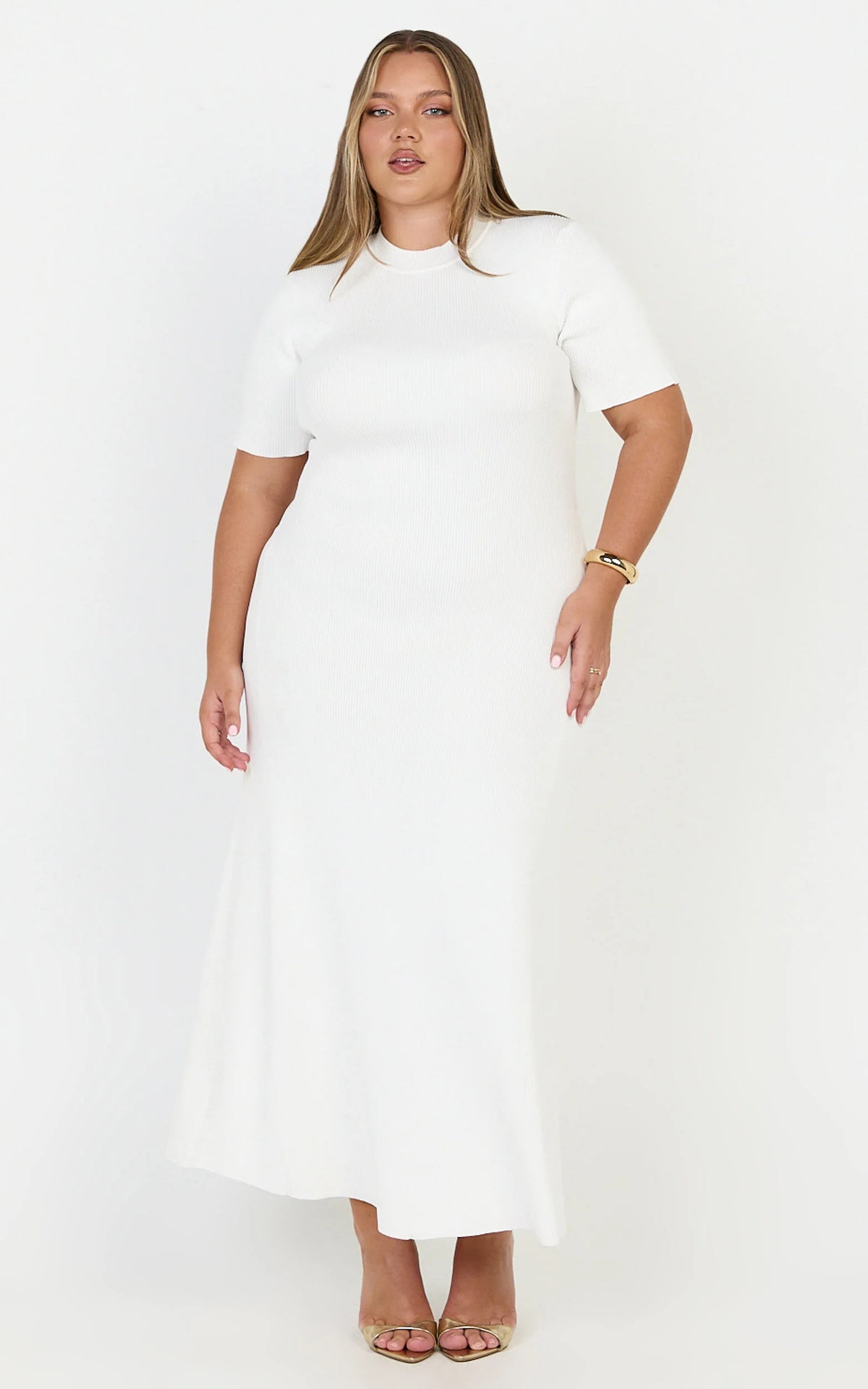 Lanie Midi Dress - Knitted Crew Neck Short Sleeve Dress in Cream
