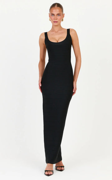 Valentina Maxi Dress - Scoop Neck Bodycon Bandage Dress in Black