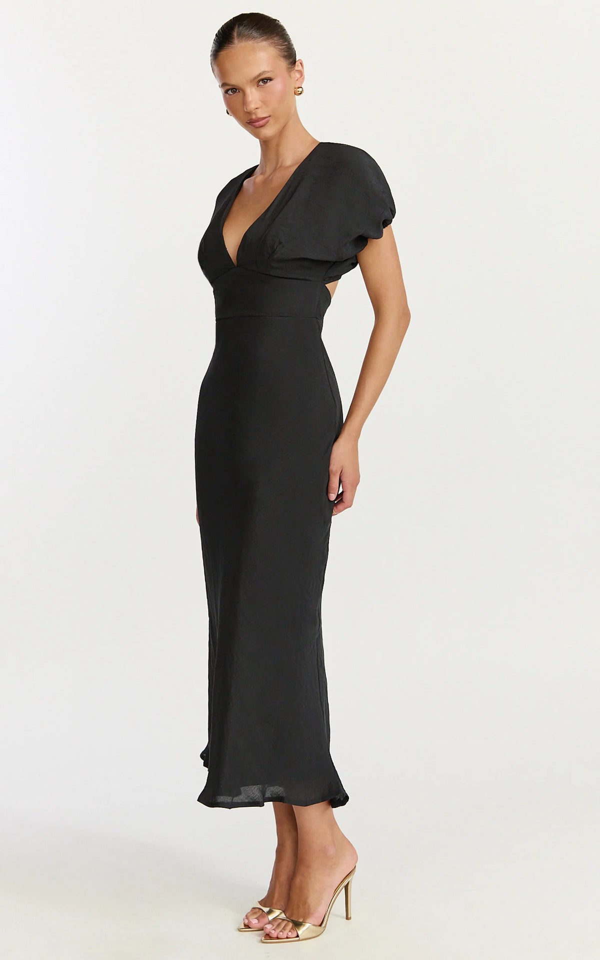 Desiree Midi Dress - V Neck Flutter Short Sleeve Slip Dress in Black