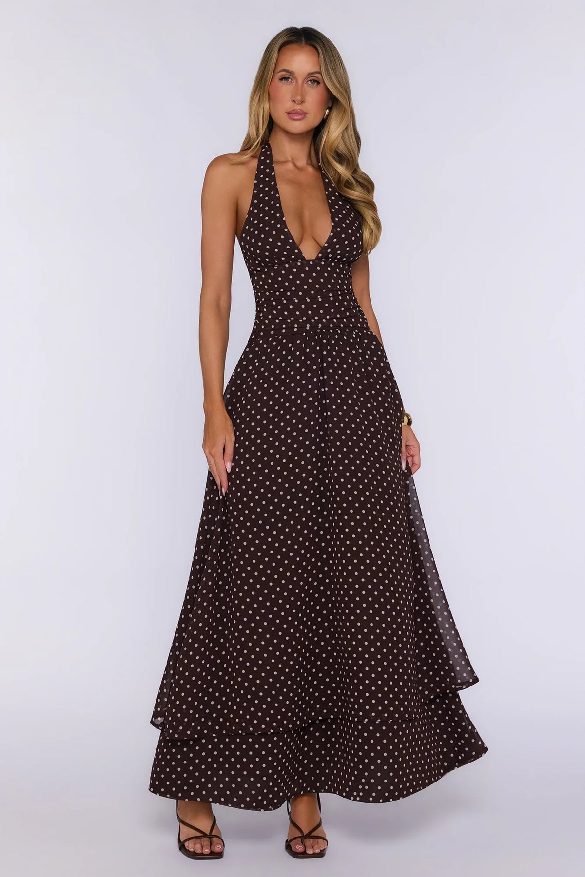 Dress Louder Halter Polka Dot Maxi Dress Brown