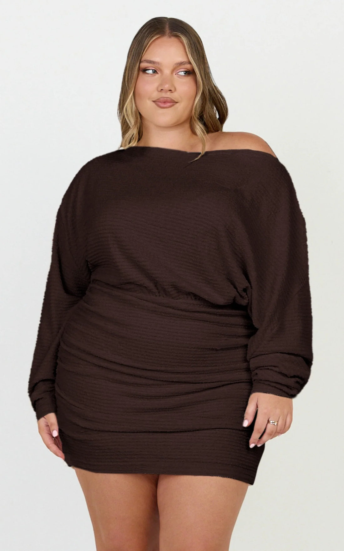 Alyce Mini Dress - Long Sleeve One Shoulder Dress in Chocolate