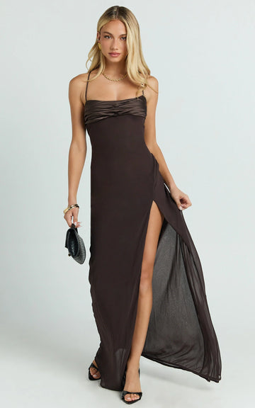 Sonya Maxi Dress - Cowl Neck Asymmetric Fit And Flare Dress in Chocolate