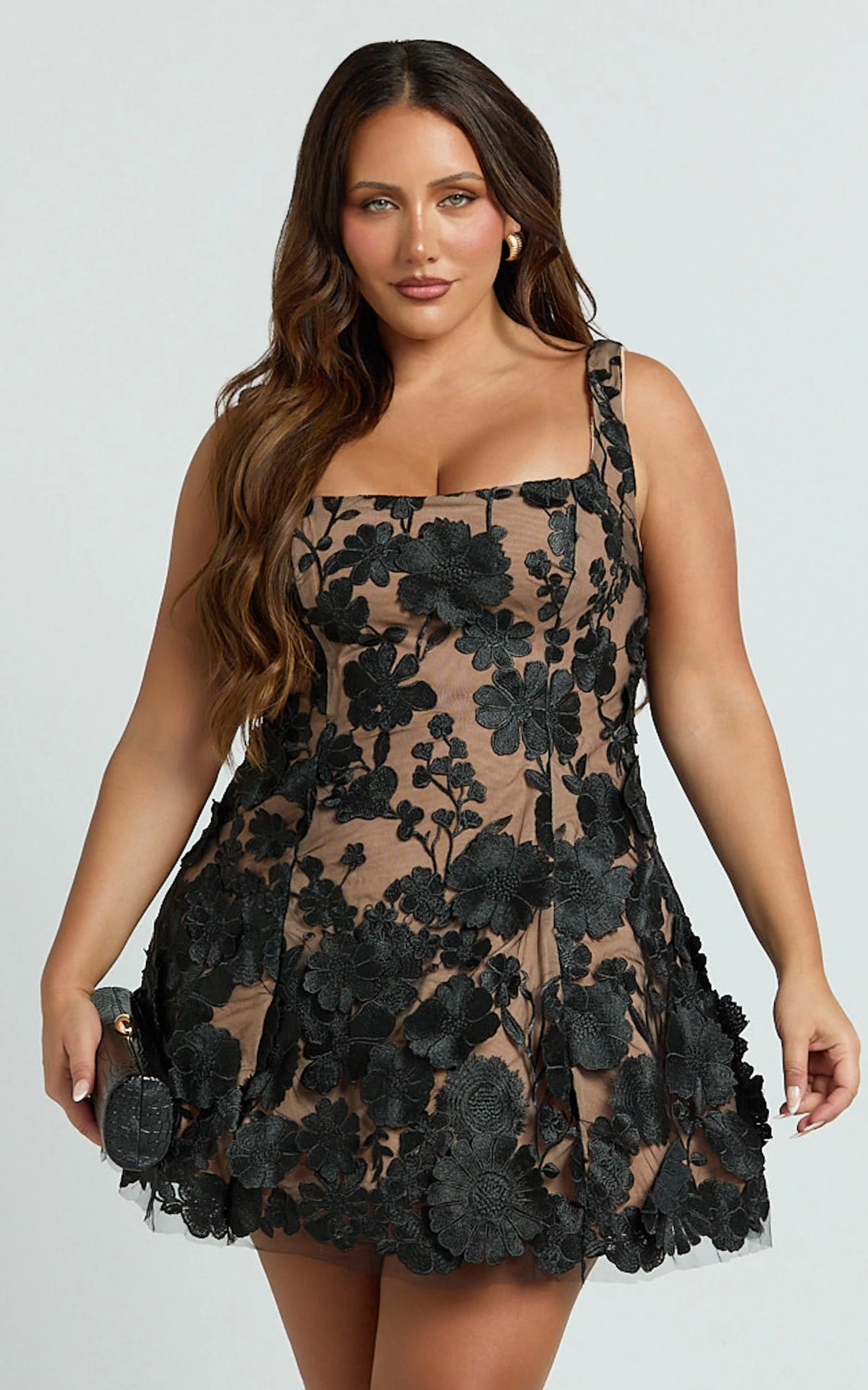 Sienna Mini Dress - 3D Floral Fit And Flare Dress in Black