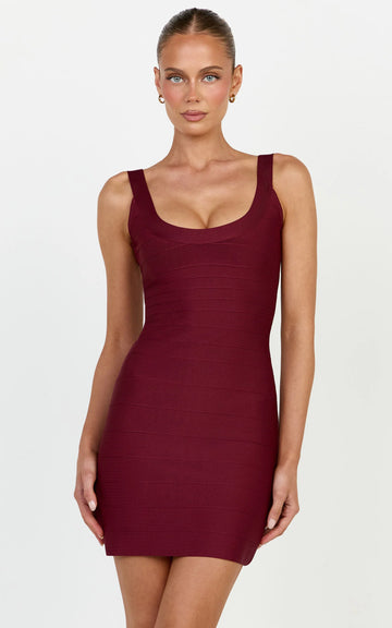 Valentina Mini Dress - Scoop Neck Bodycon Bandage Dress in Wine