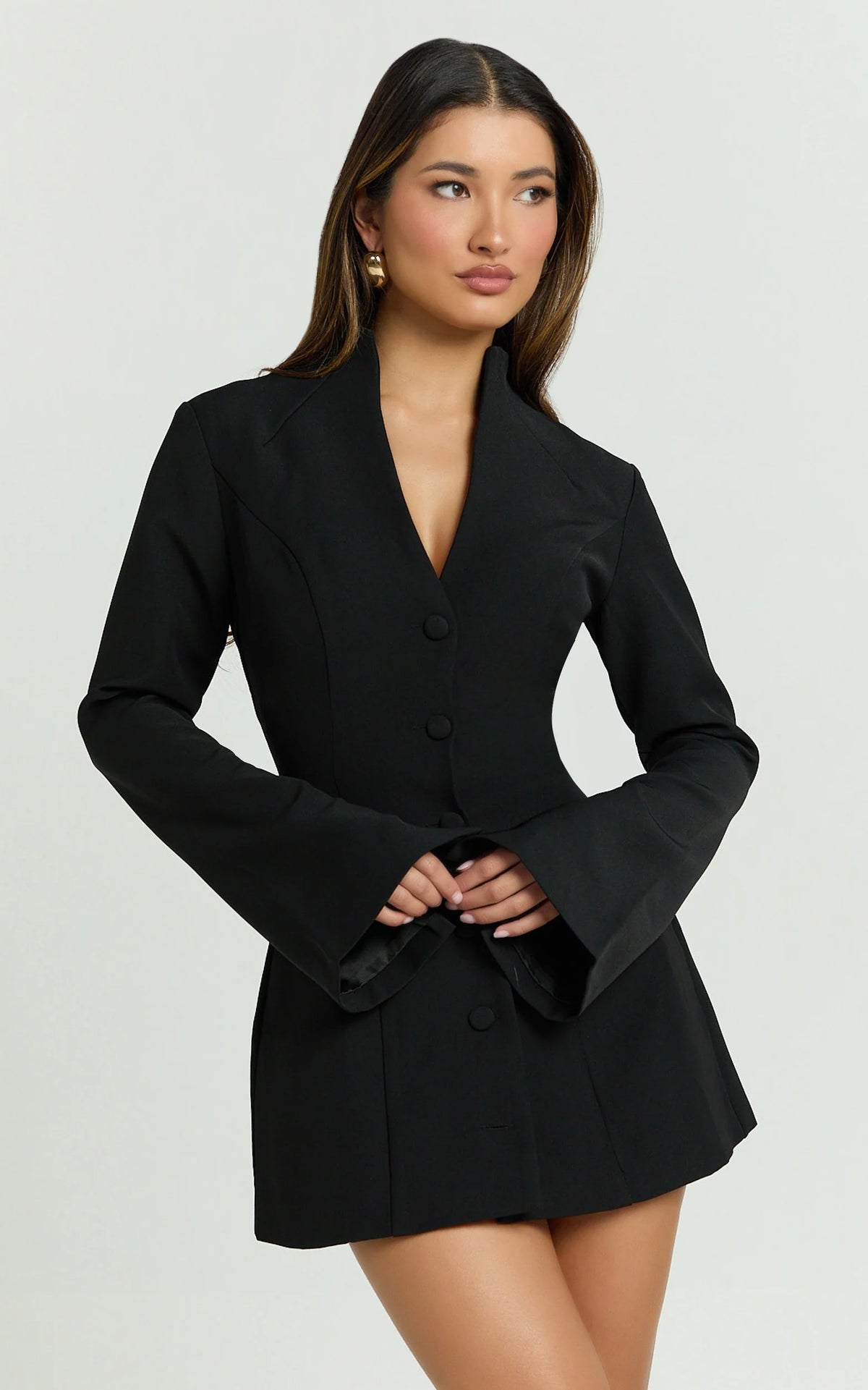 Layton Mini Dress - V Neck Long Sleeve Button Front Tulip Skirt Dress in Black