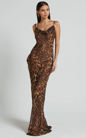 Hilary Maxi Dress - Sheer Cowl Neck Slip Dress in Leopard