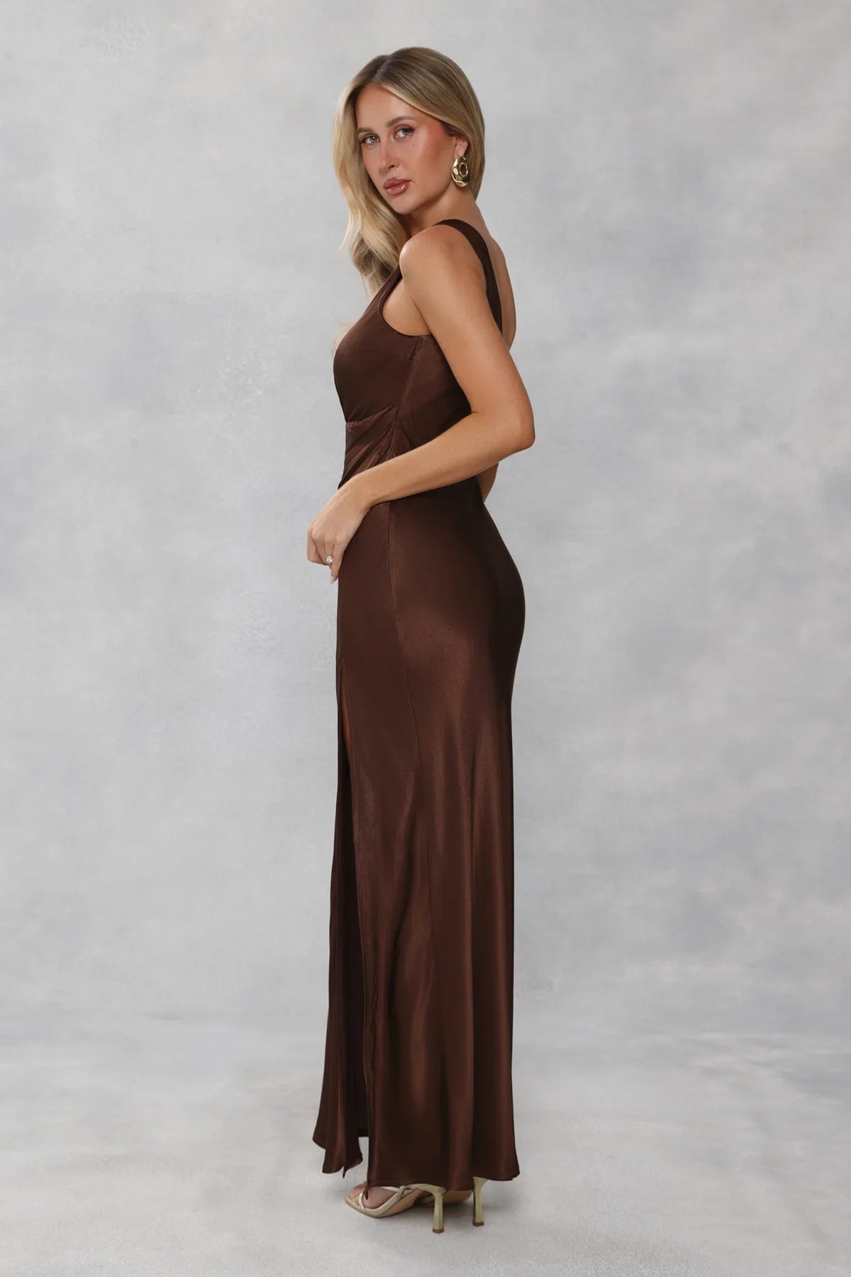 The Aurora One Shoulder Satin Maxi Dress Chocolate Brown