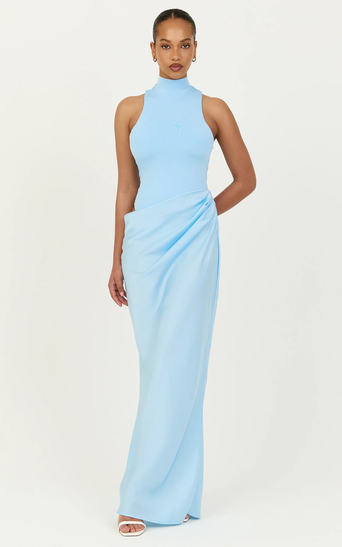 Elodie Maxi Dress - High Neck Draped Overlay Dress in Light Blue