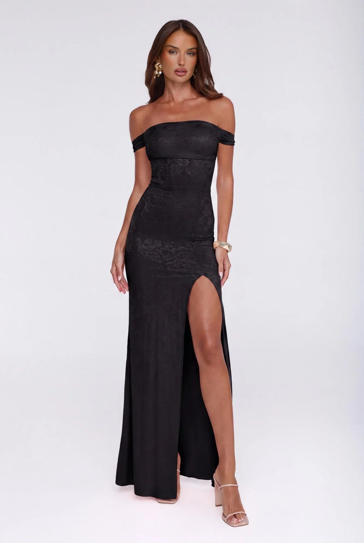 Night Bloom Off Shoulder Maxi Dress Black
