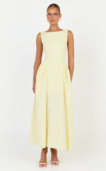 Casina Midi Dress - Boat Neck Tie Back Fit And Flare Dress in Yellow