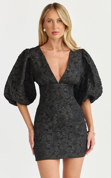 Miley Mini Dress - V Neck Bodycon Dress in Black