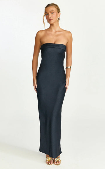 Zaya Midi Dress - Strapless Satin Slip Dress in Navy