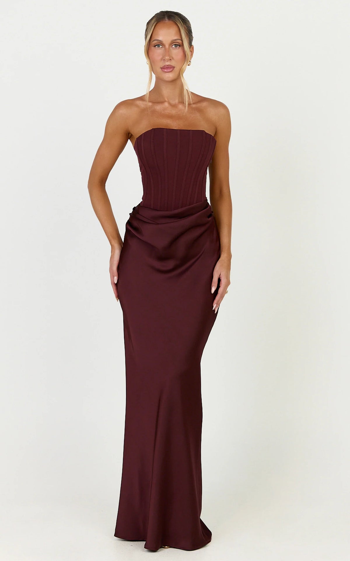 Kailani Maxi Dress - Strapless Corset Bodice Lace Up Back Dress in Chocolate