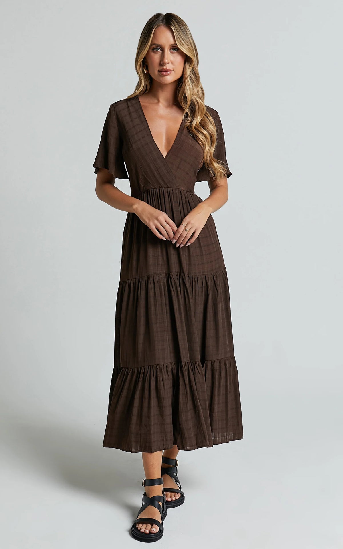 Cryzel Midi Dress - Flutter Sleeve Tiered Dress in Chocolate