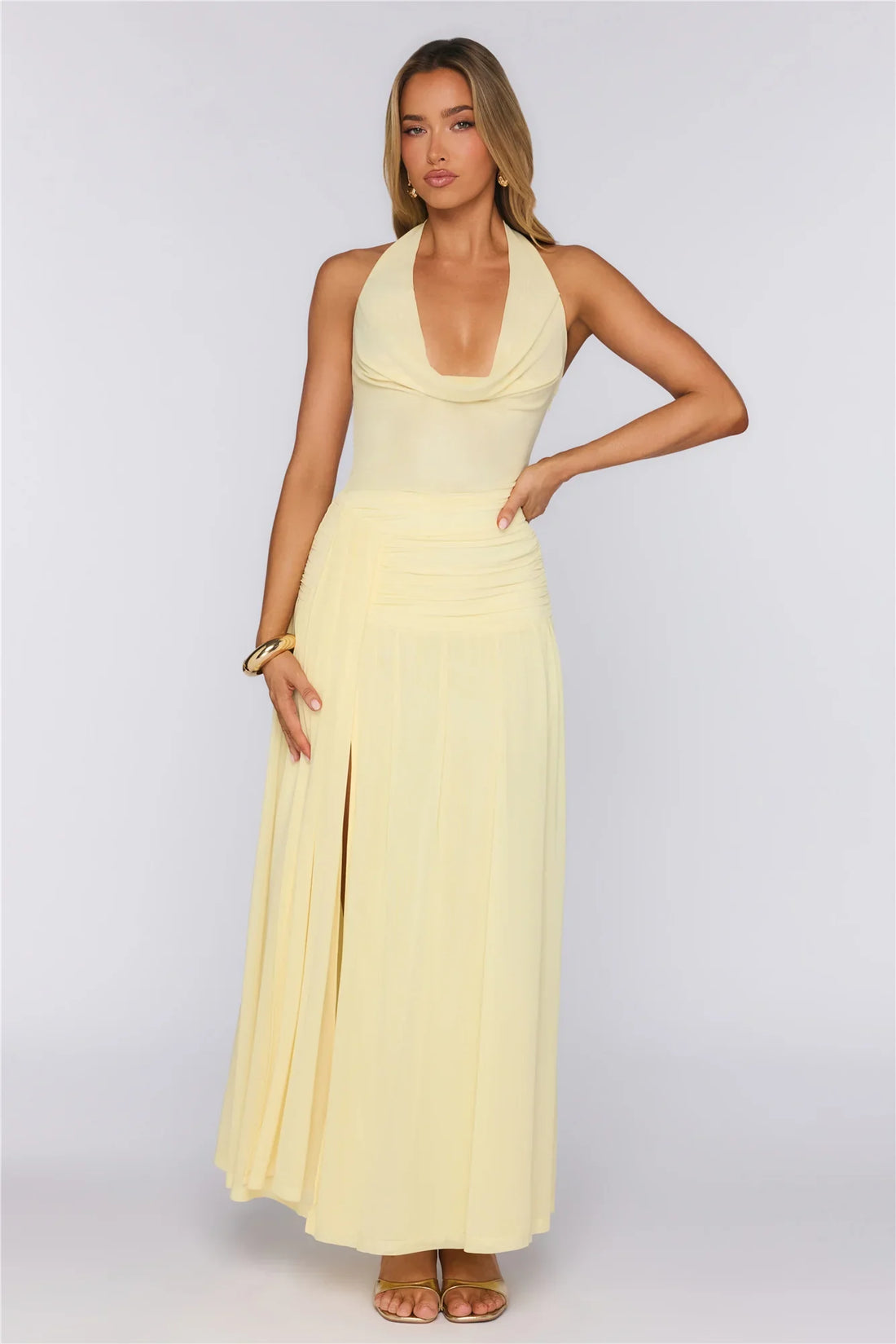 Say Less Energy Halter Mesh Maxi Dress Yellow