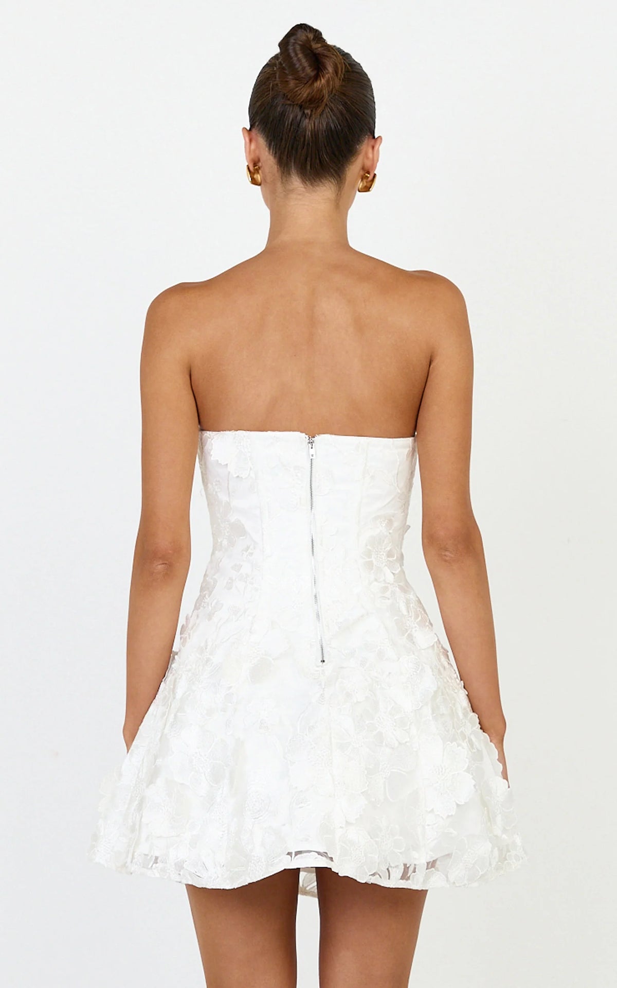 Cosima Mini Dress - Strapless 3D Floral Fit And Flare Dress in White