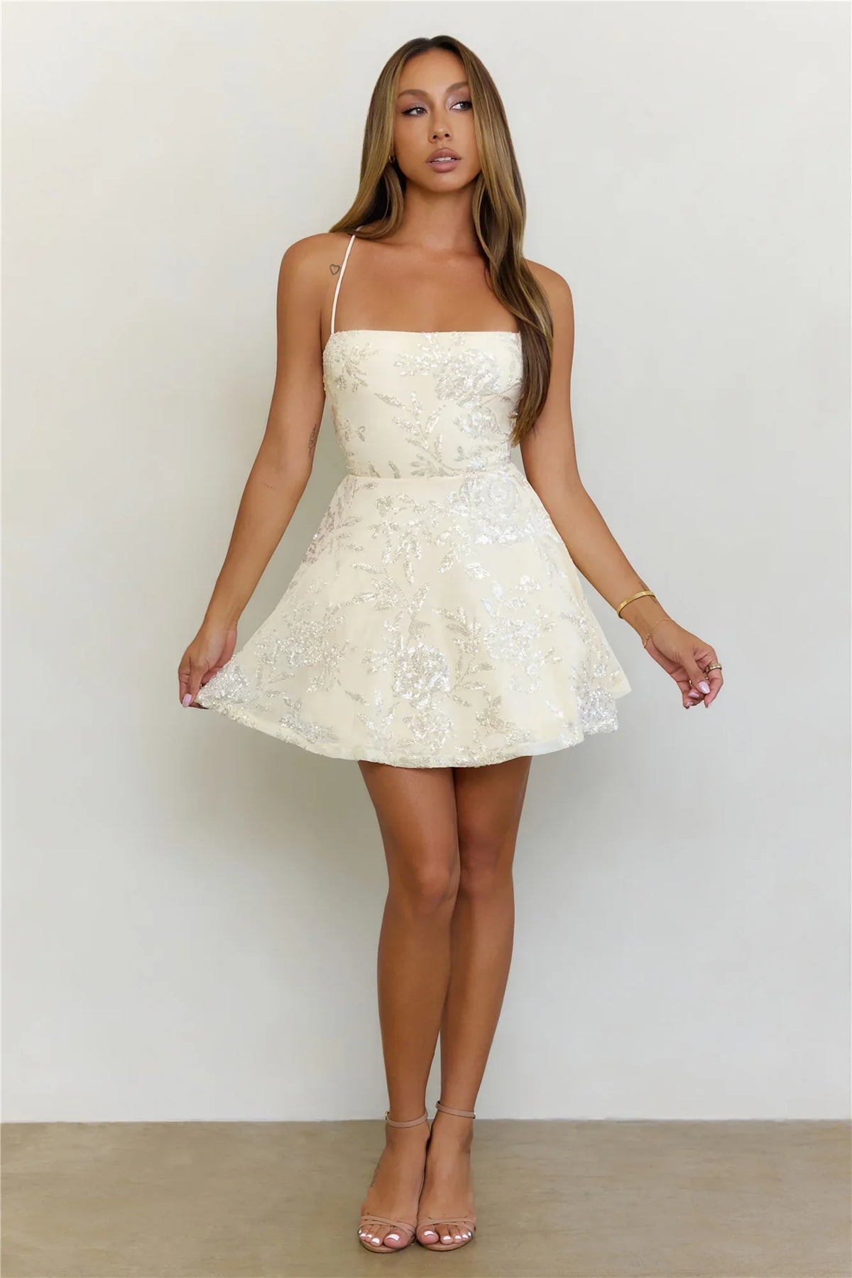 Shining Star Sequin Lace Up Back Mini Dress Cream