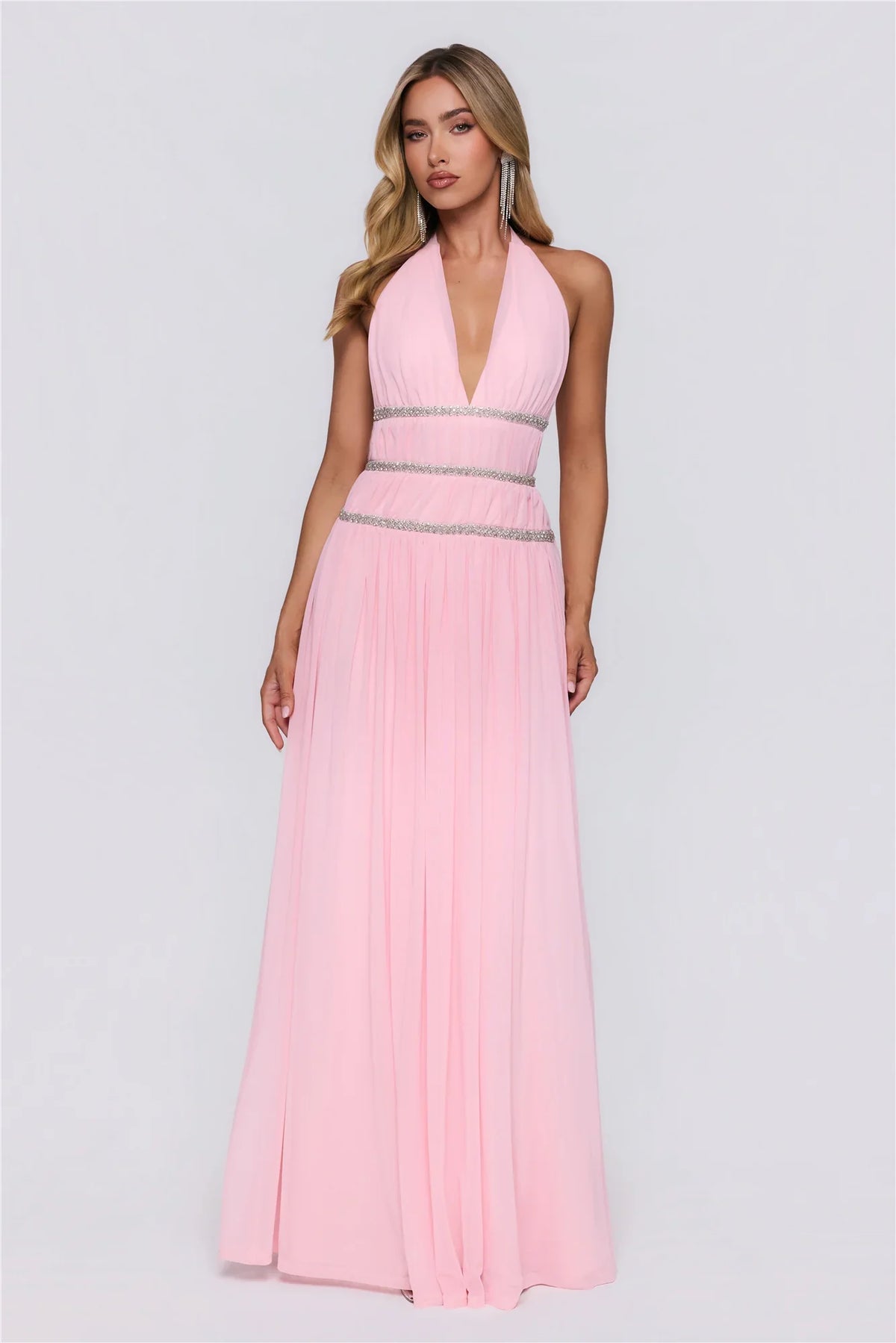 Summer Sparkle Mesh Halter Maxi Dress Pink