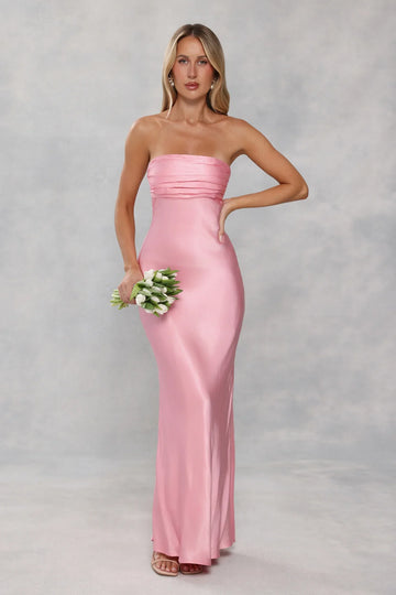The Seraphina Strapless Satin Maxi Dress Candy Pink