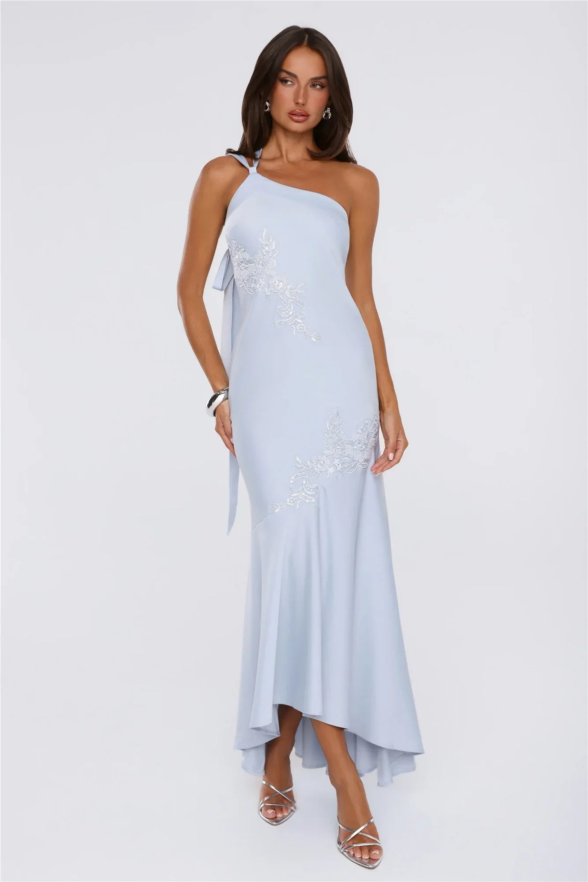 Jelly Glow One Shoulder Satin Maxi Dress Blue