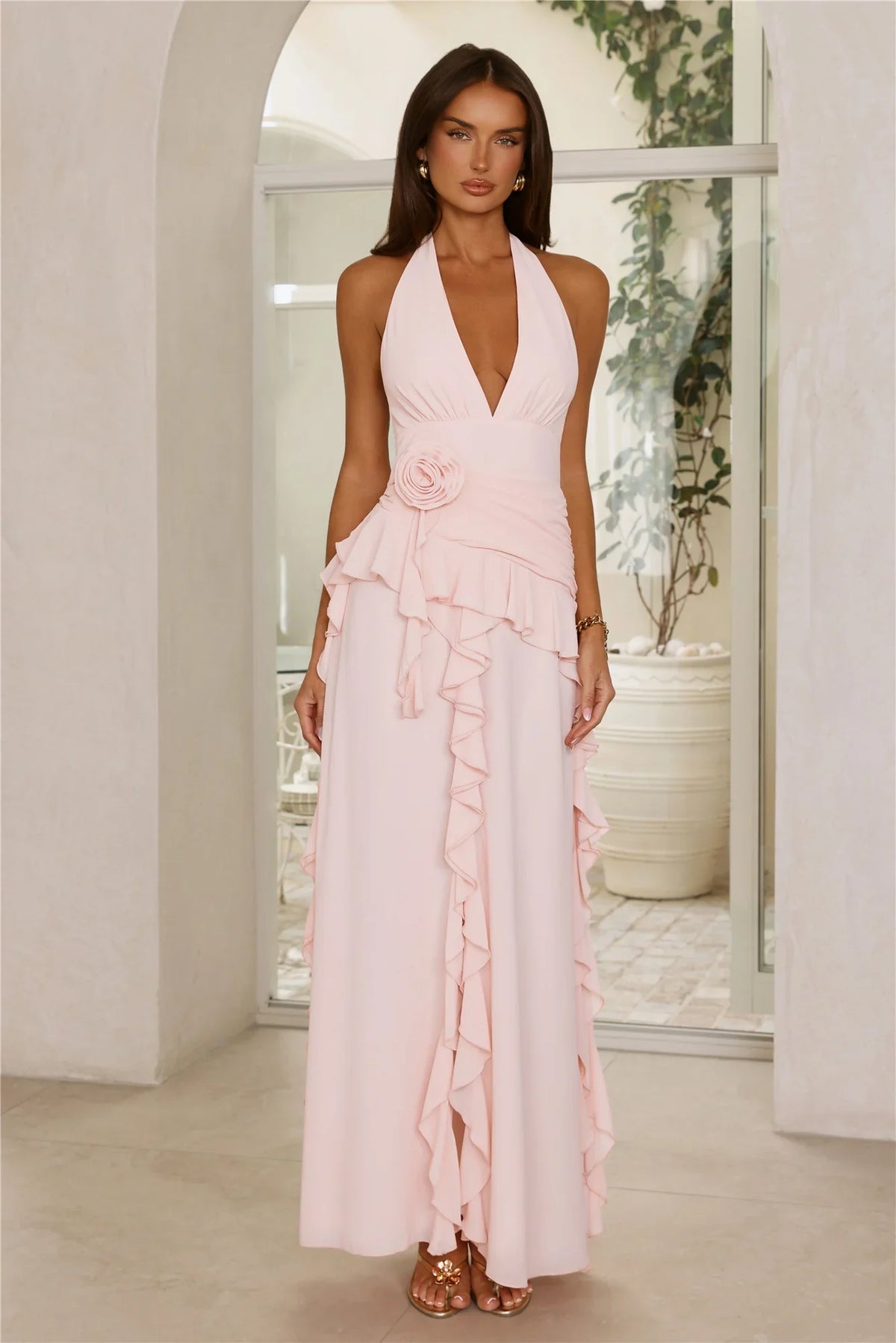 Soft Petal Muse Halter Maxi Dress Pink