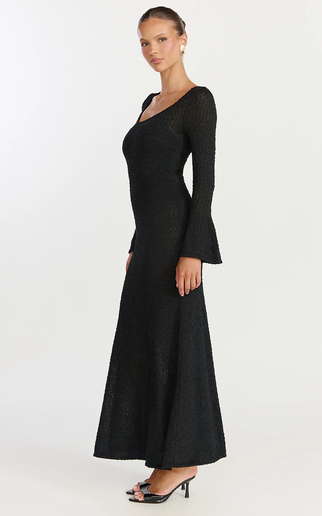 Michelle Maxi Dress - Scoop Neck Flute Sleeve Knit Maxi Dress in Black