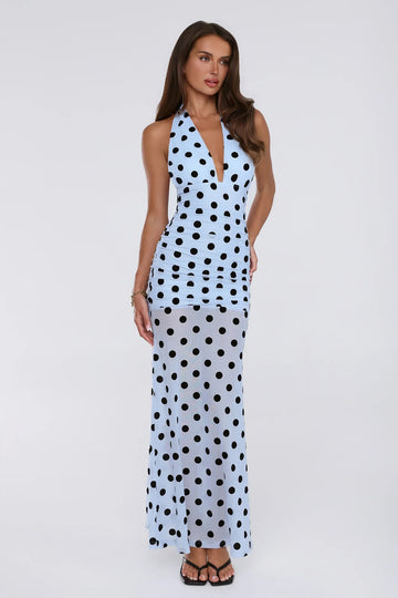 Dancefloor Diaries Halter Polka Dot Maxi Dress Blue