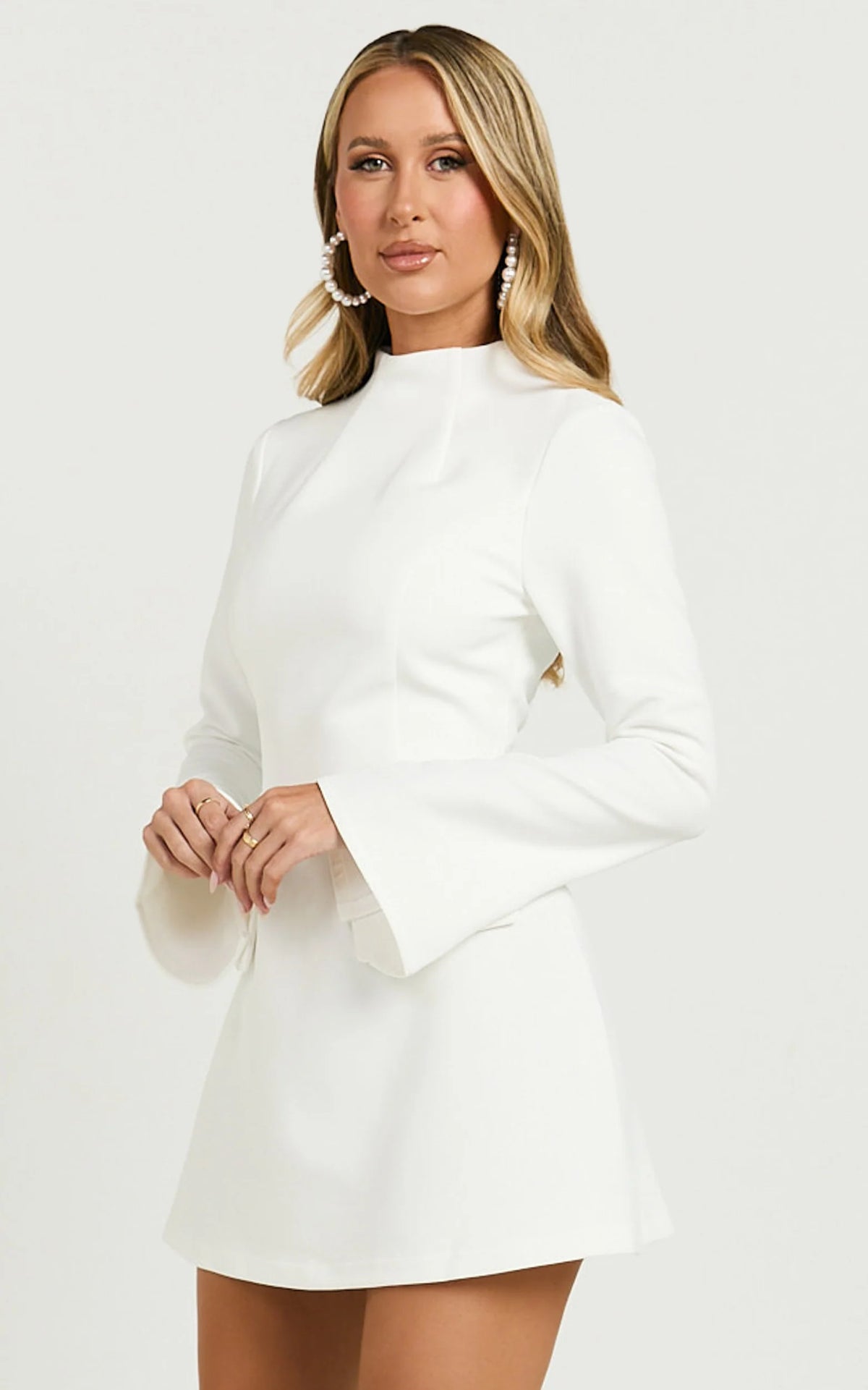 Carlson Mini Dress - High Neck Sleeve Cocoon Skirt Dress in White