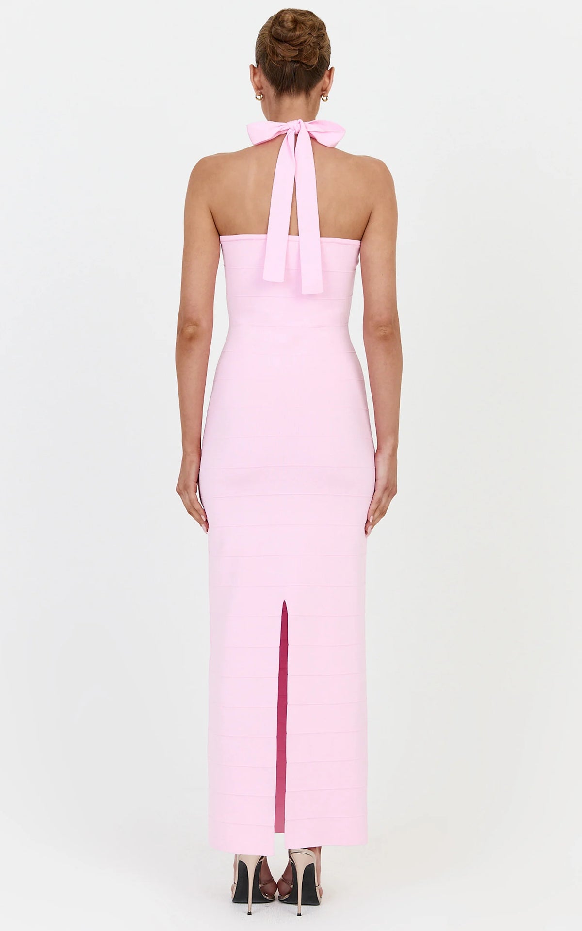 Scarlett Midi Dress - Halter Neck Bandage Knit Dress in Pink