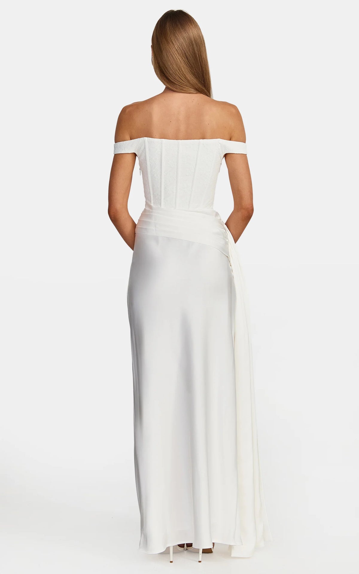 Darcie Maxi Dress - Off Shoulder Corset Draped Skirt Dress in Ivory