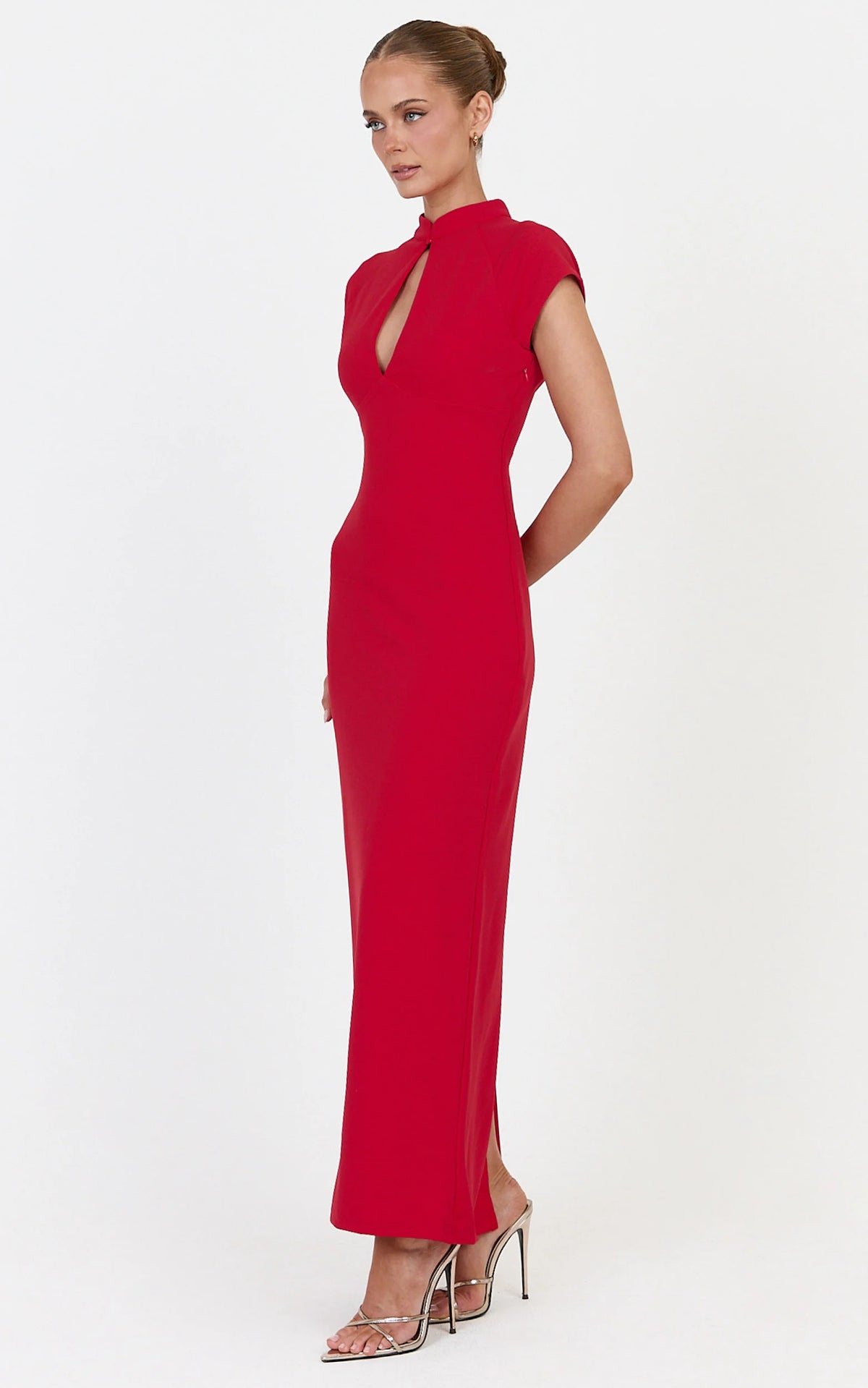 Cassienne Midi Dress - High Neck Keyhole Cut Out Bodycon Midi Dress in Red