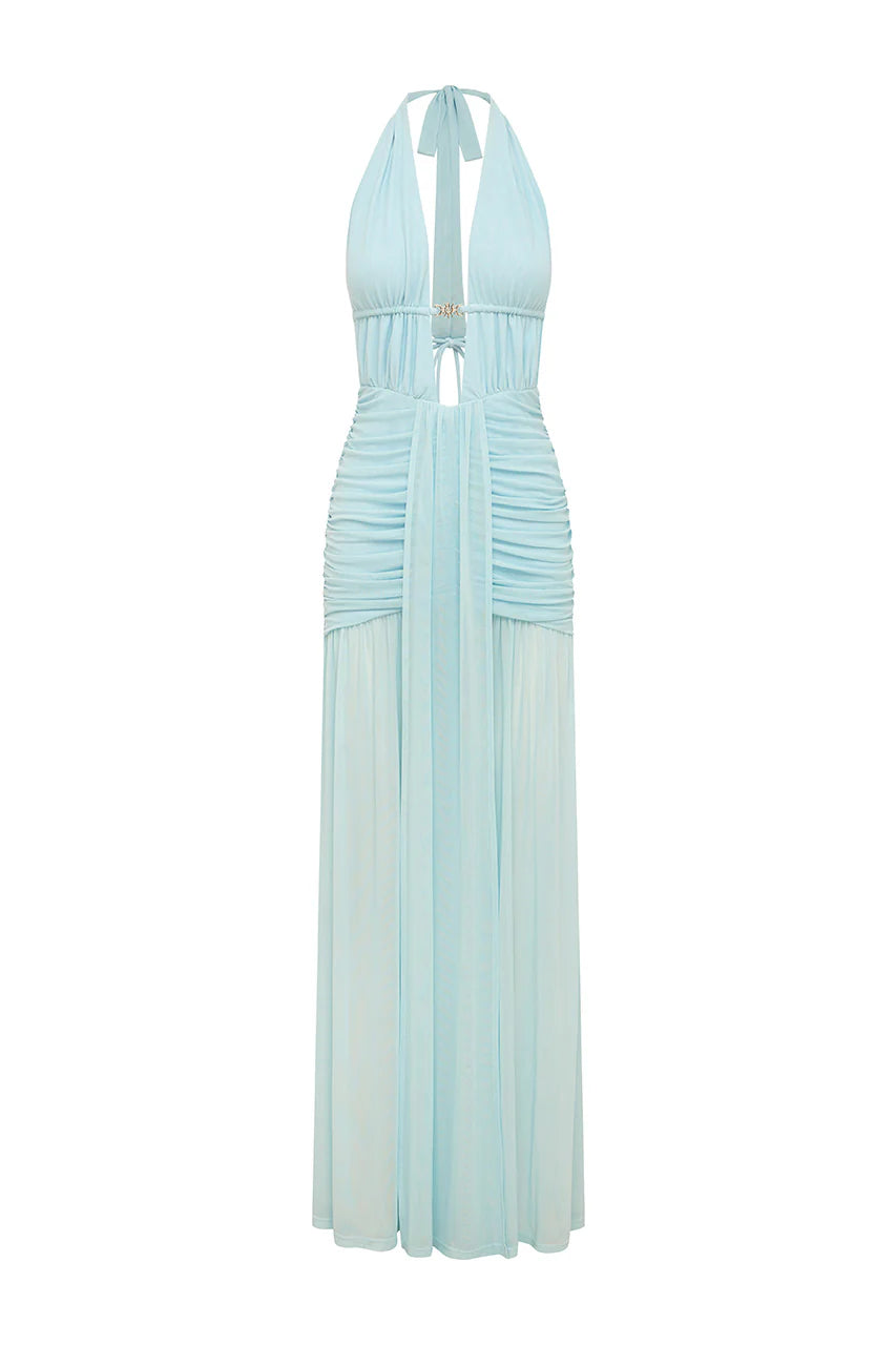 ADRIANNA PLUNGE RUCHED MAXI DRESS - AQUA