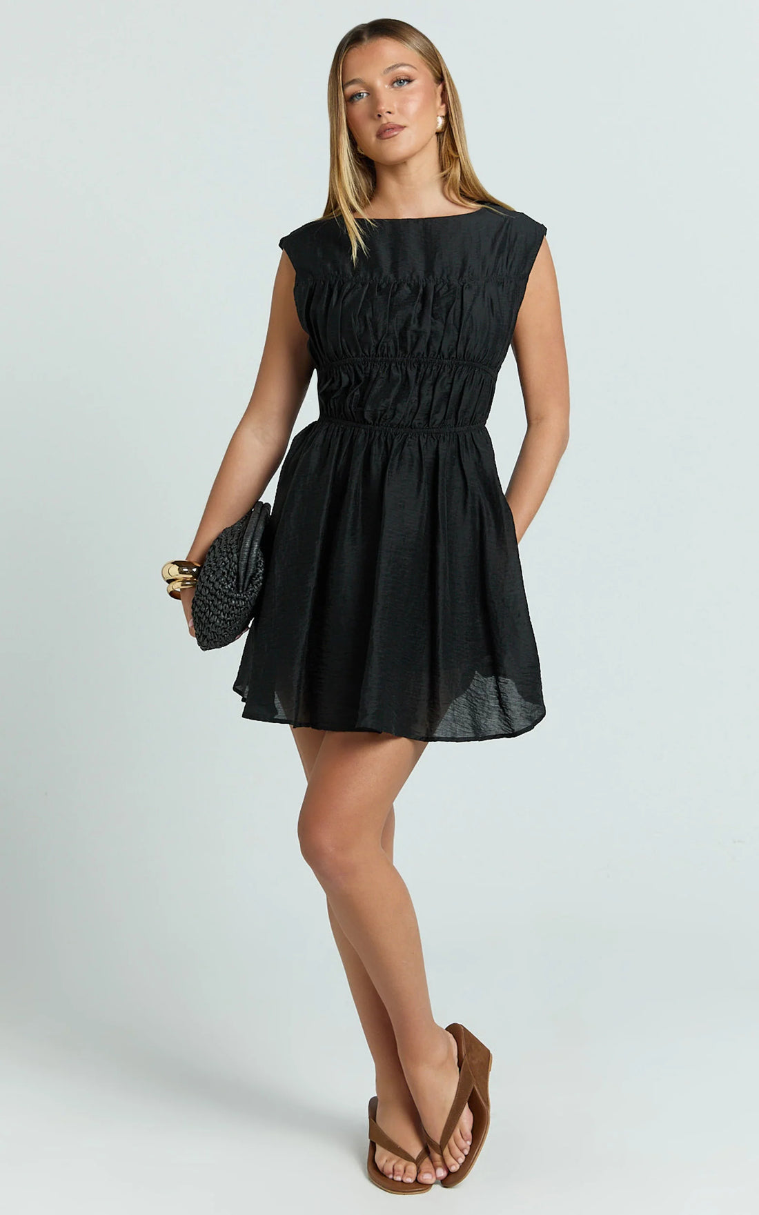 Faith Mini Dress - Sleeveless Ruched Bodice Dress in Black